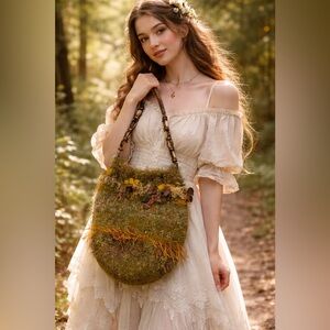 Boutique Custom Knancy’s Knits Cottagecore Boho Moss-Textured Shoulder Bag Green